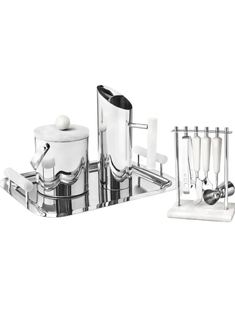 Godinger Azure White Resin & Stainless Steel 5 Piece Bar Tool Set - NIB